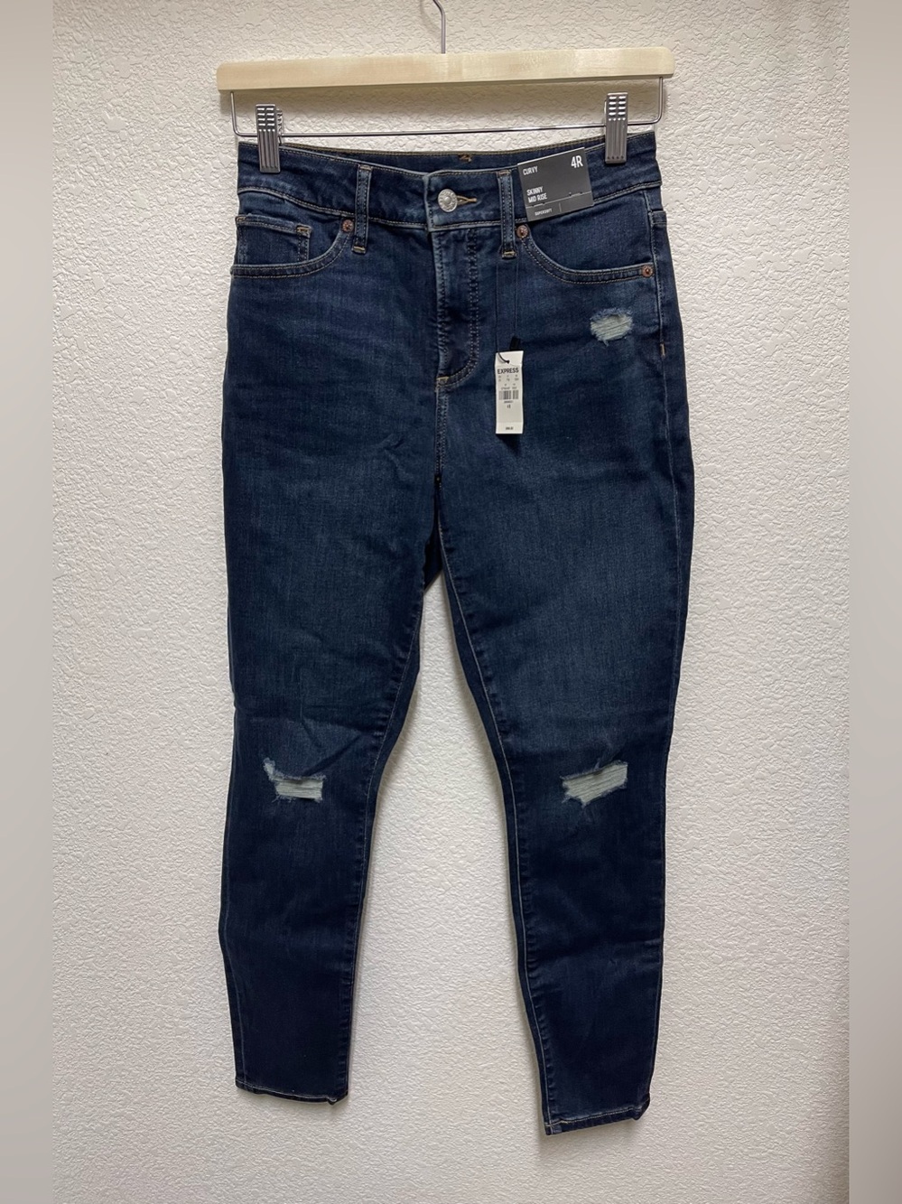 EXPRESS Curvy Skinny Mid Rise Distressed Denim Jeans Size 4R Dark Blue